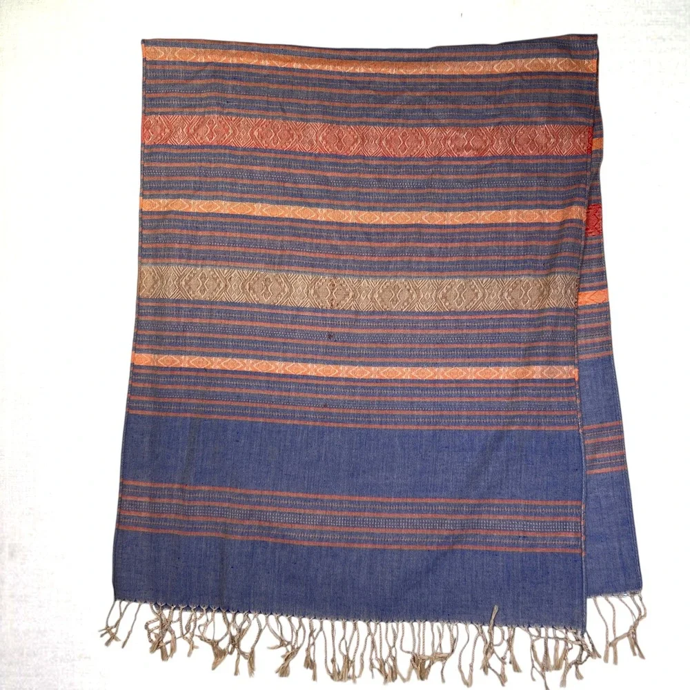 XL PASHMINA 100% Cashmere Scarf Fringe Shawl Southwestern Blue Orange GUC 27x66